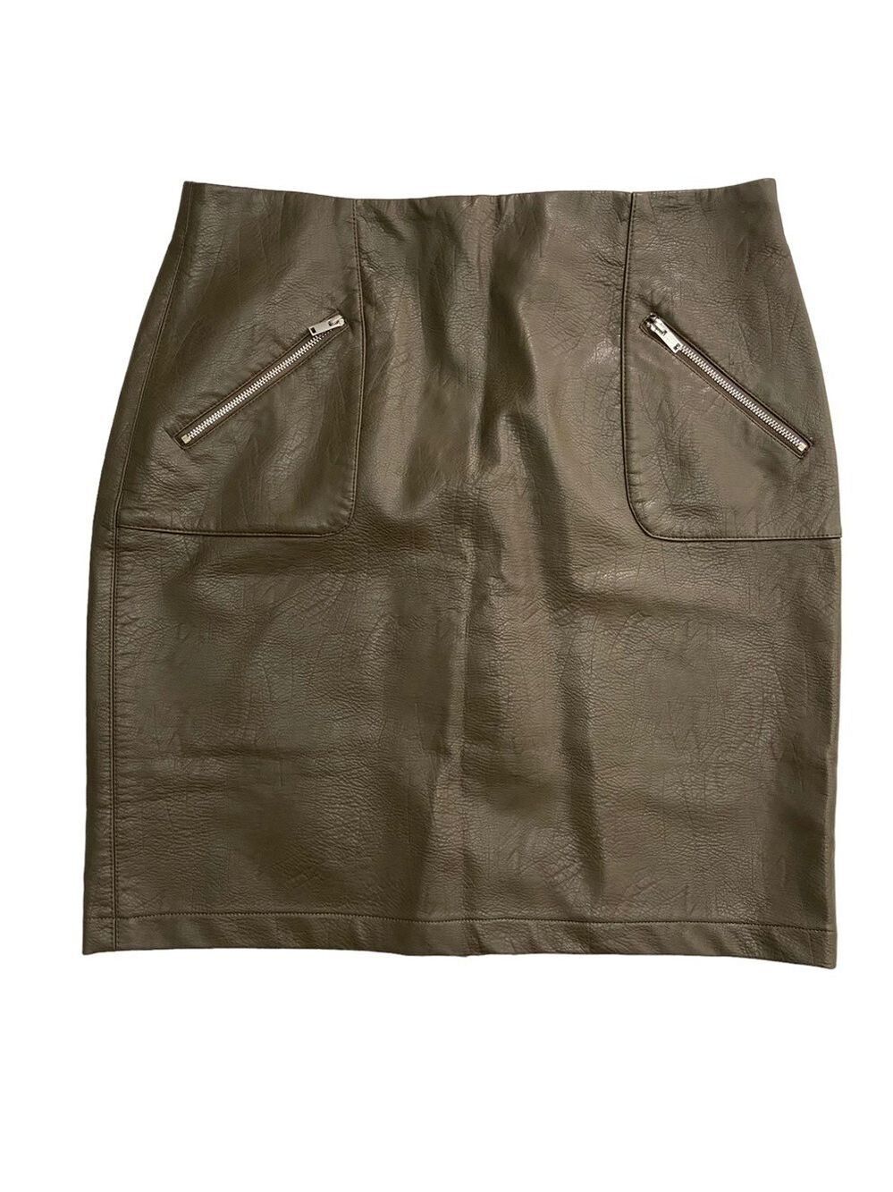 Zara faux leather pencil mini skirt neutral brown/kaki green flattering basic XL